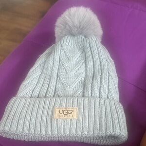 UGG  Light Gray Cable Knit Beanie with Pom-Pom